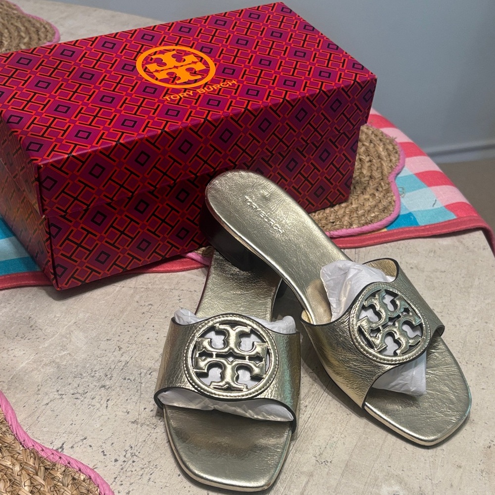 Tory Burch Metallic Gold Logo Slide Mules